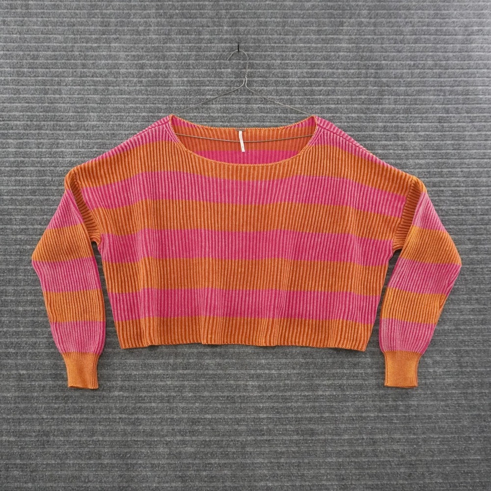 Free People Cropped Sweater Womens M Pink Orange Striped Ribbed Knit